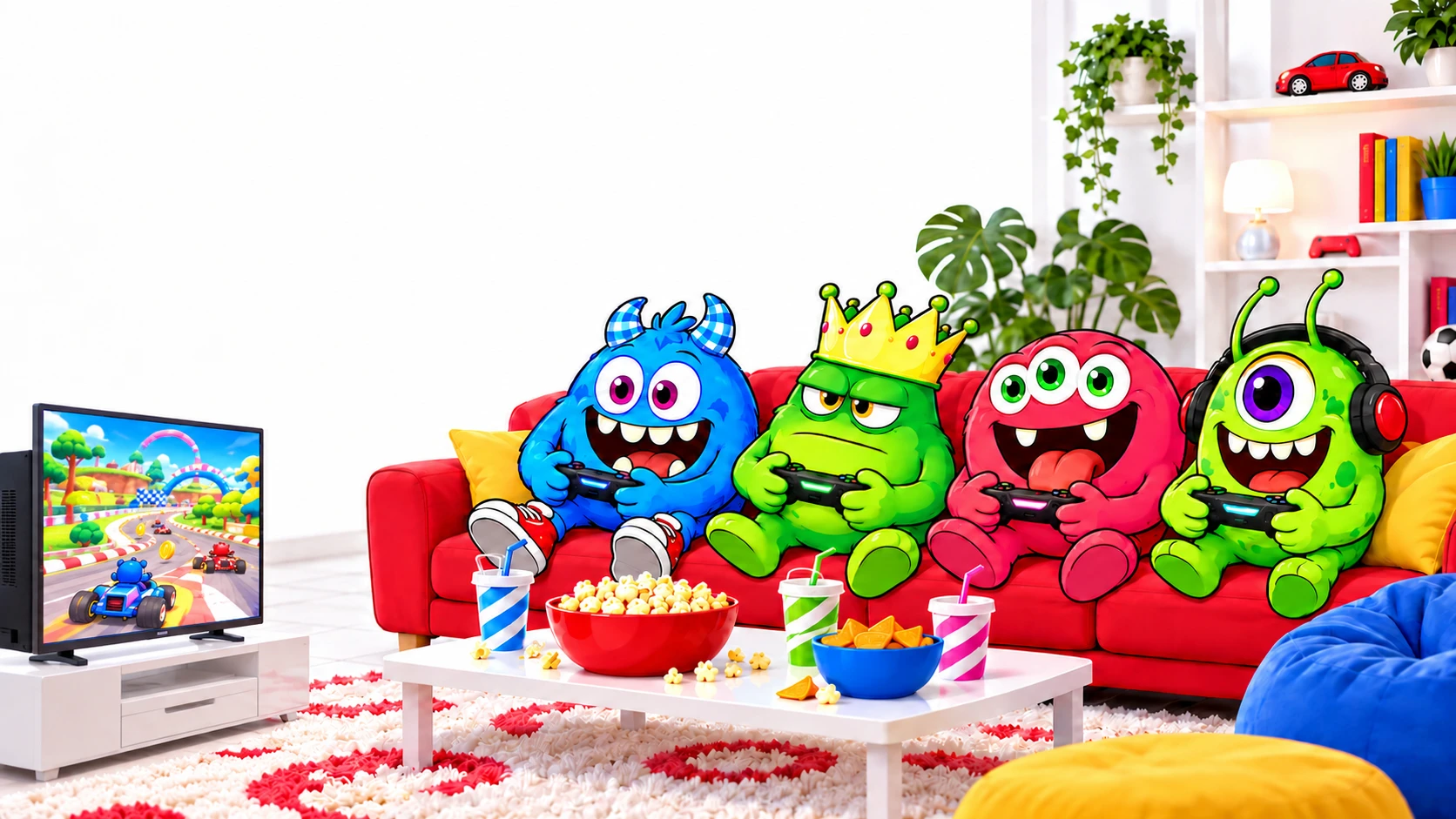Pops, King, Loopy and Byte playing video games together
