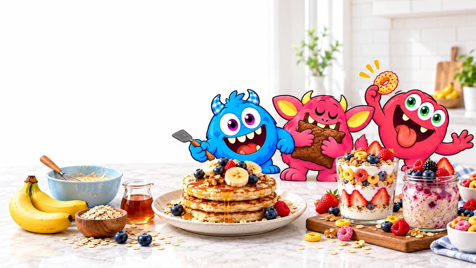 Pops, Loopy and Crunchy Pillow with oat pancakes, fruit parfait and berry oats